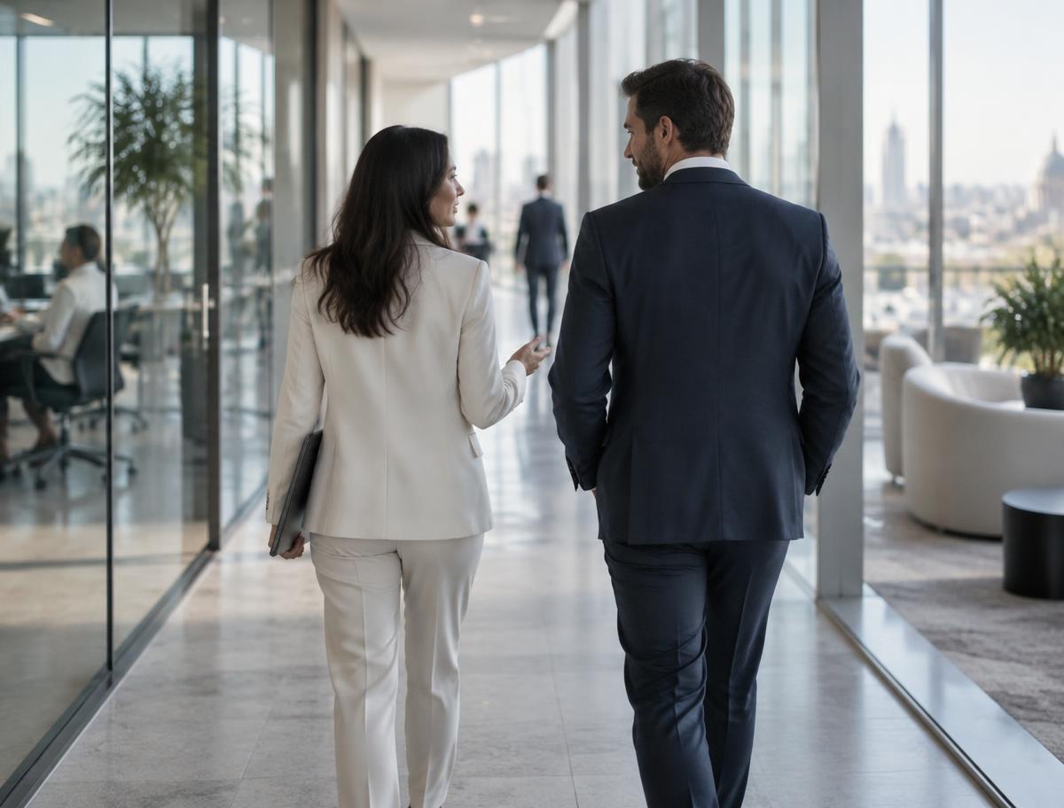 Two colleagues walking and talking through a glass-walled office corridor overlooking the City